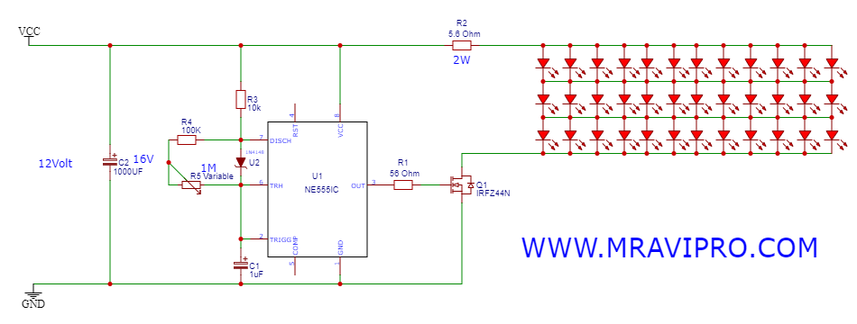 Emergency LED Light Circuit Diagram | LED Strobe Light Using NE555IC